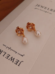 Retro Gold Rose Pearl Earrings