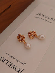 Retro Gold Rose Pearl Earrings