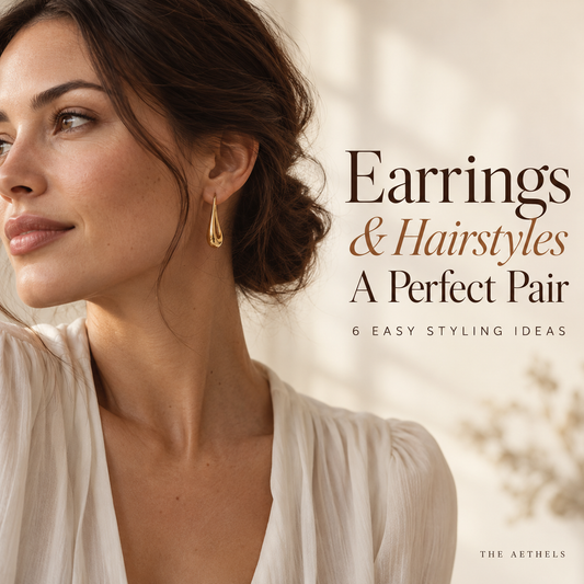 Woman with a soft low bun and a curved gold drop earring, beside the title Earrings and Hairstyles A Perfect Pair.