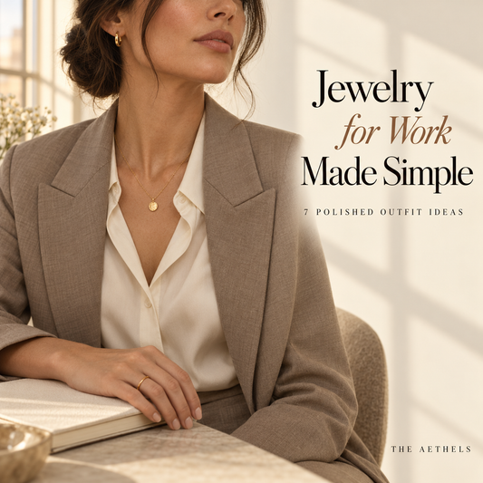 Woman wearing small gold hoops and a pendant with an ivory blouse and taupe blazer, beside the title Jewelry for Work Made Simple.