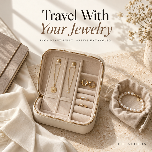 Gold necklaces, hoops, and rings organized in an ivory travel case, with a pearl bracelet in a separate cloth pouch and a travel jewelry title.